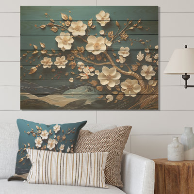 White And Gold Charming Spring Flower Blooms III - Flowers On Wood Print