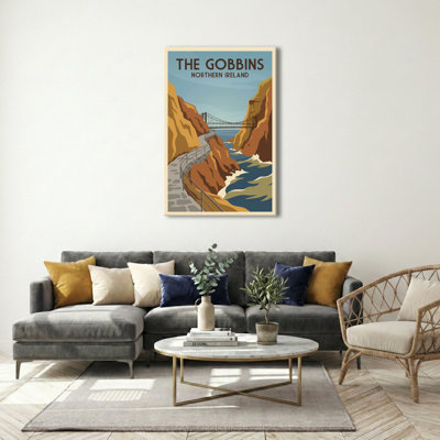 The Gobbins, Northern Ireland - Romantic Coastal Travel Poster Of Cliff Path And Sea Bridge. Giclee Print On Wrapped Canvas. Wall Art, Home Decor - Coastal & Maritime, Northern Ireland - Wrapped Canvas Print