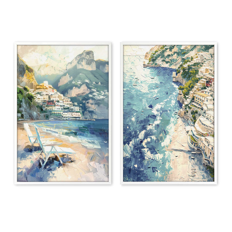 Ensemble de 2 pièces encadrées sur papier "Positano" par Azure Artisanal Studio, H 24 po x l 36 po x P 1,25 po, Blanc opaque