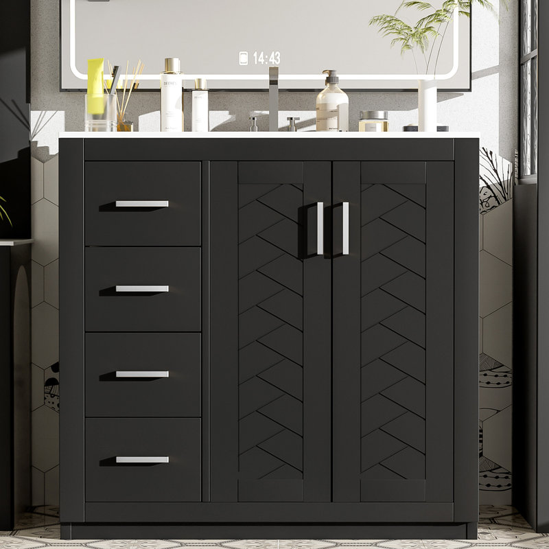 Meuble-lavabo 36 po avec lavabo en céramique et 3 tiroirs, Noir