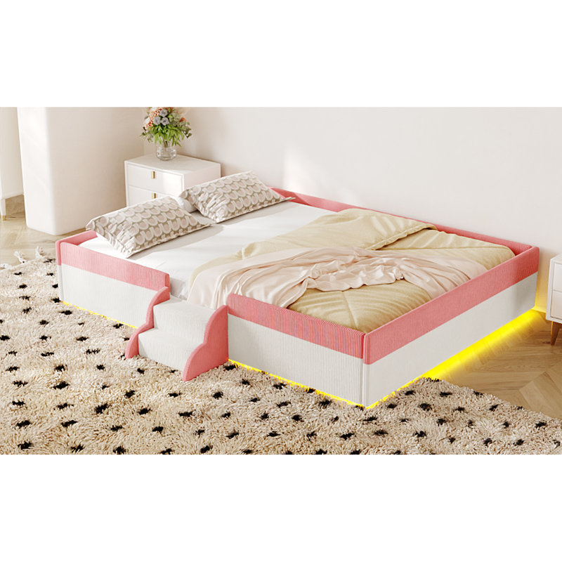 Lit de plancher rembourré avec lumières DEL et clôture, Lit double, Blanc rose