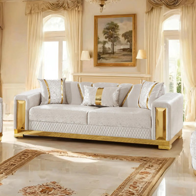 92.4" W Glam Sofa, Beige/Gold