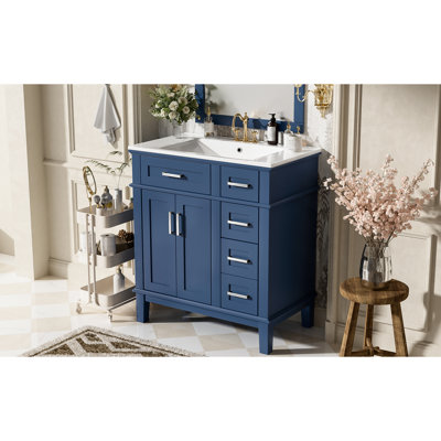 Meuble-lavabo de 30 po avec lavabo en céramique, conception élégante, rangement intelligent, structure en bois massif, fonction de fermeture en douceur, idéal pour les espaces compacts, meuble-lavabo moderne de 30 po, tiroir profond, fonctionnement standard en douceur