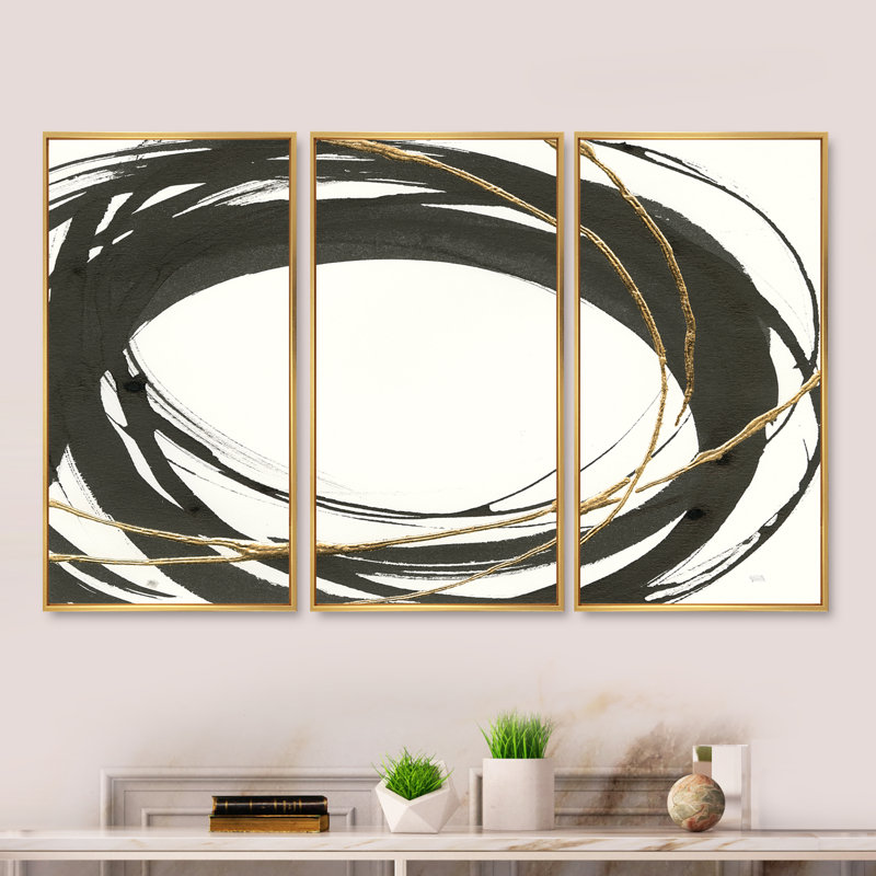 «Gold Glamour Circle II - Posh & Luxe», ensemble de 3 toiles encadrées, H 32 po x l 48 po x P 1 po, Or