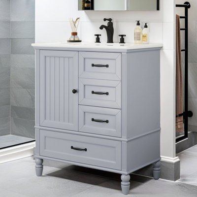 Meuble-lavabo de 30 po avec lavabo, armoire de salle de bain avec porte, trois tiroirs, pieds en bois massif et panneau de fibres à densité moyenne, patins réglables