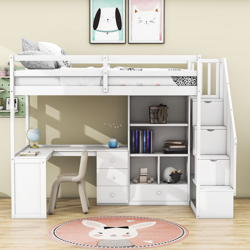 Haken Kids Twin Loft Bed with Drawers, White