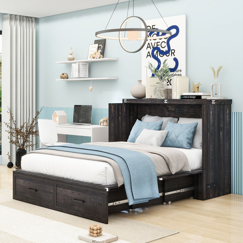 Lit escamotable en bois avec station de charge intégrée et tiroirs de rangement, Gris rustique, Double