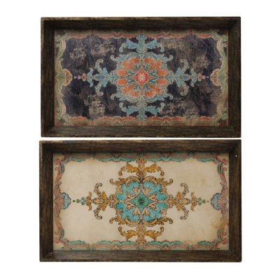 Ensemble de 2 plateaux décoratifs en bois avec motifs d'inspiration méditerranéenne