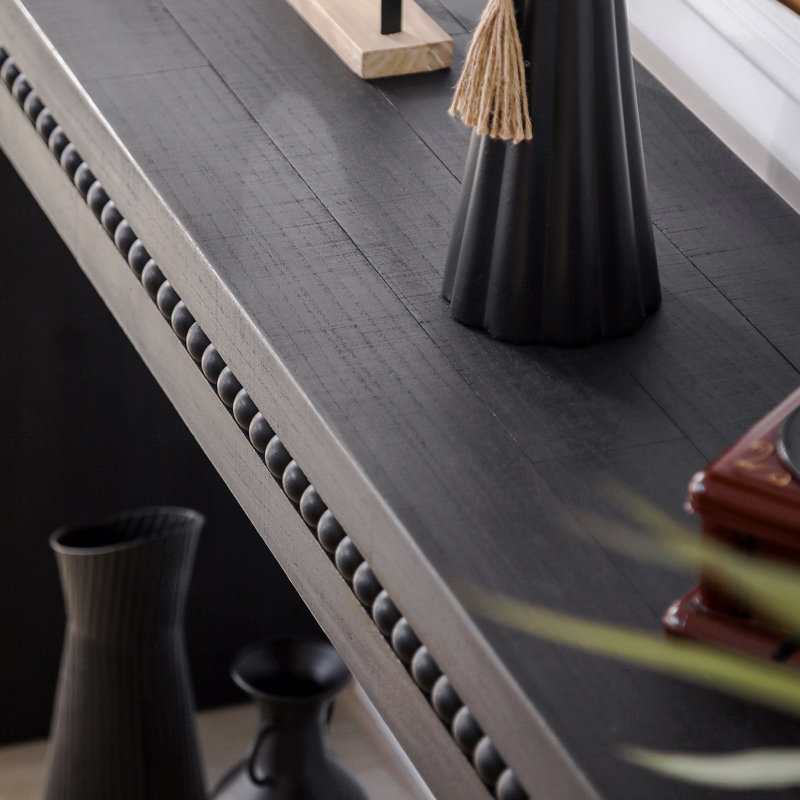 Console 64 po en bois noir moderne, élégante table d'entrée avec bordure décorative perlée