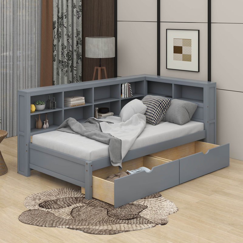 Lit de jour simple avec tiroirs, tablette et ports de chargement USB, Gris, Twin