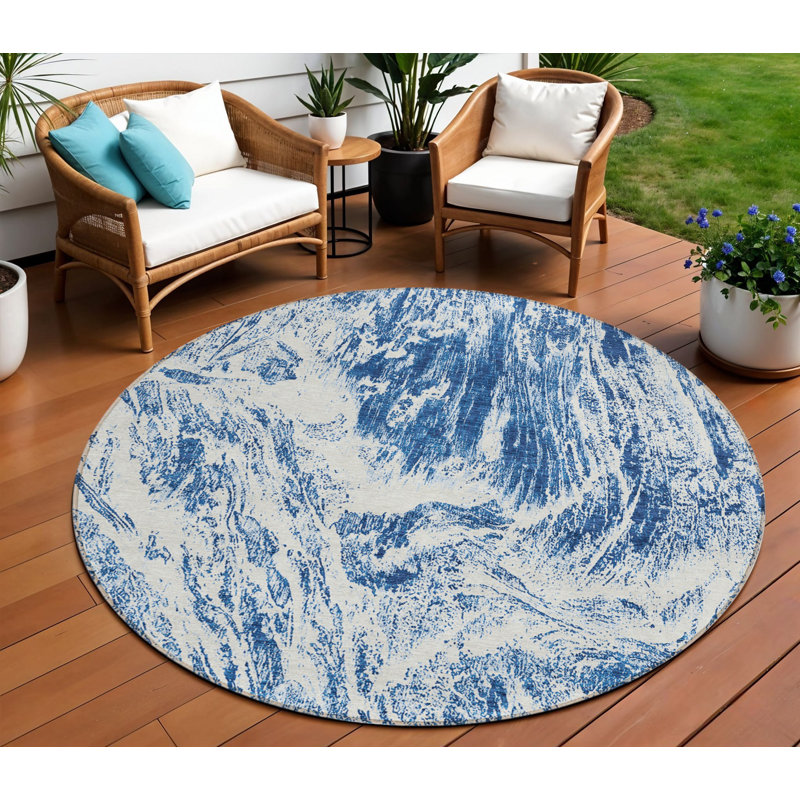 Tapis d'intérieur rond lavable abstrait bleu marine 8 pi