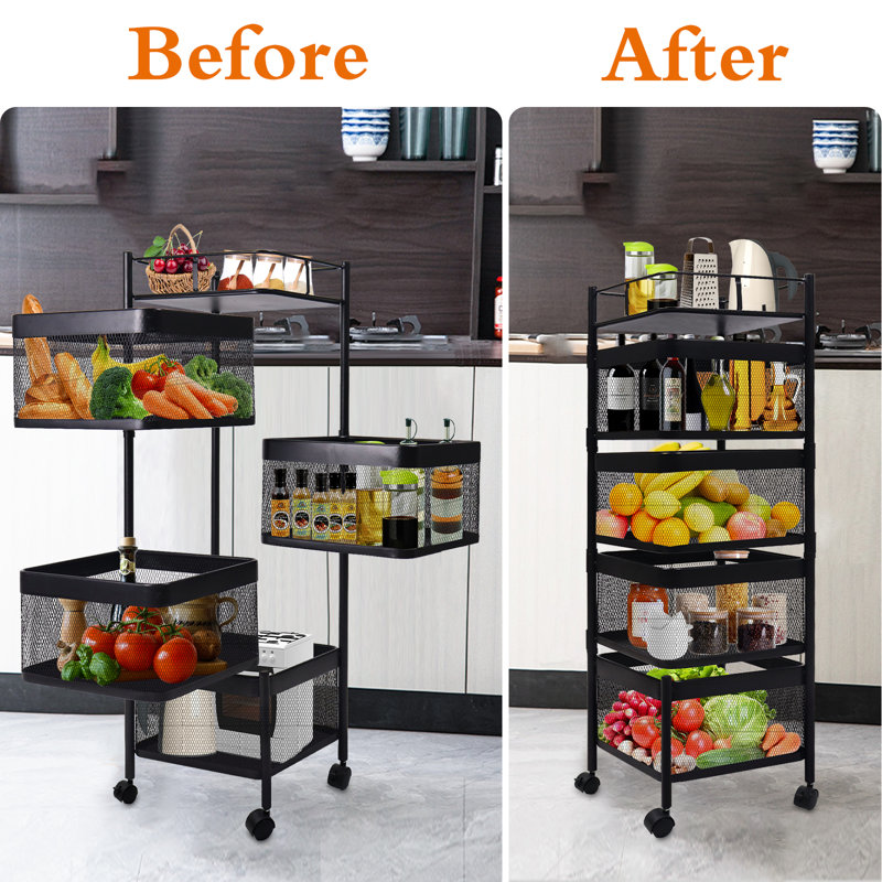 Black Metal 4-Tier Rotating Kitchen Storage Cart with Swing Out Shelves
