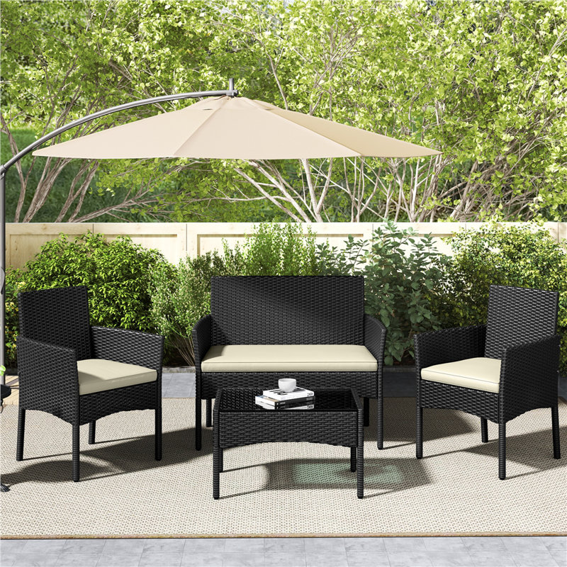 Ensemble de 4 tables de réception d'extérieur avec plateau en verre trempé, Beige, Noir