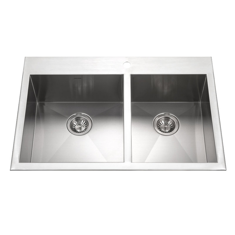 Houzer Bellus 33 inch Stainless Steel Topmount 1-hole 60/40 Double Bowl Kitchen Sink with Strainer and Grids - BCD-3322