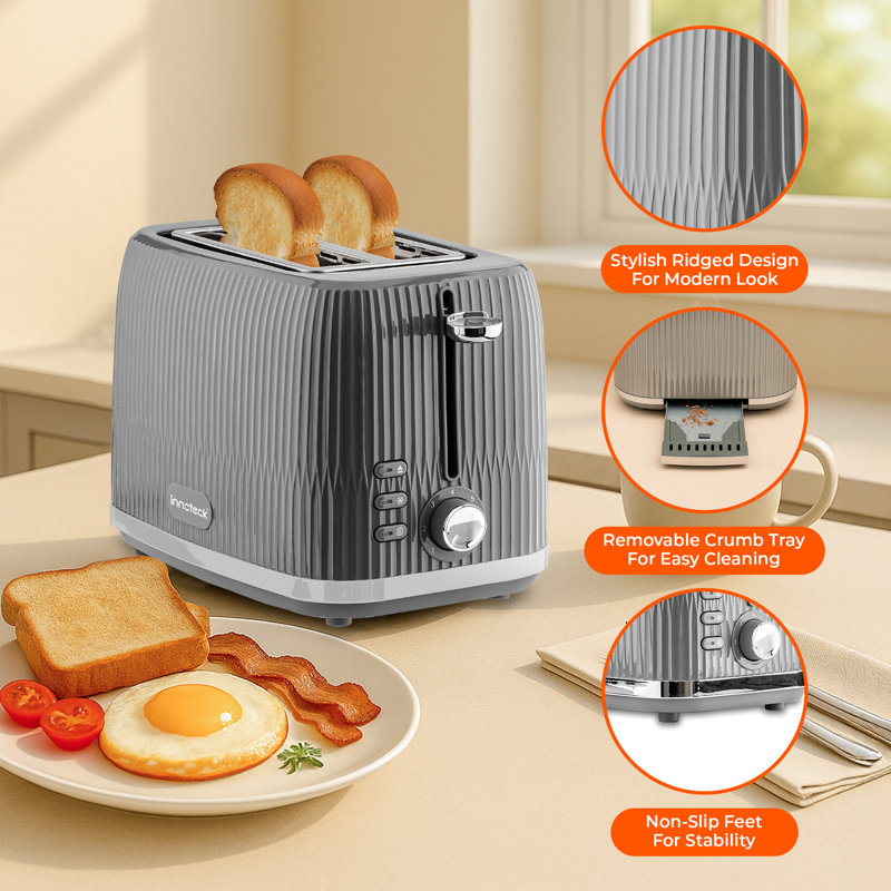 2 Slice Toaster in Glossy Ridged Textured Body and Stainless Steel Mechanism, Grey