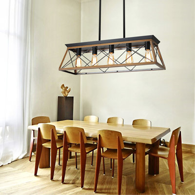 32" Modern Industrial 5-Light Kitchen Island Pendant Chandelier, Walnut Metal Cage Hanging Light Fixture with Adjustable Rods for Dining Room