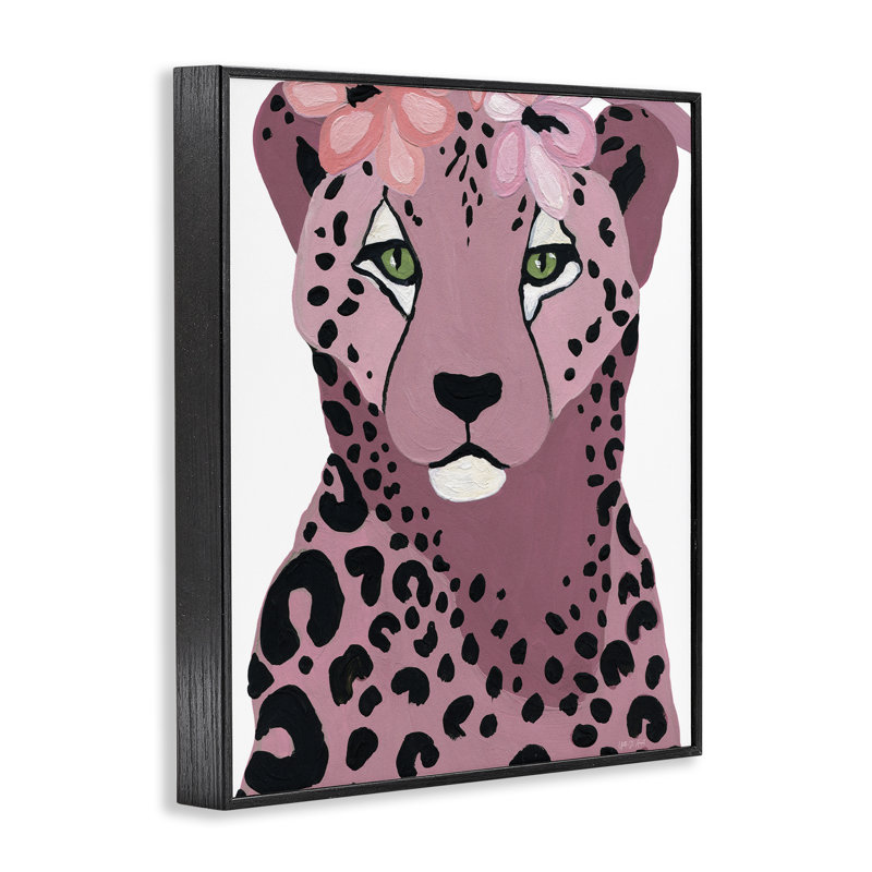 Guépard avec des fleurs roses, art de la giclée encadrée par Yvette St. Amant, Giclée encadrée noir minuit, H 14 po x l 11 po