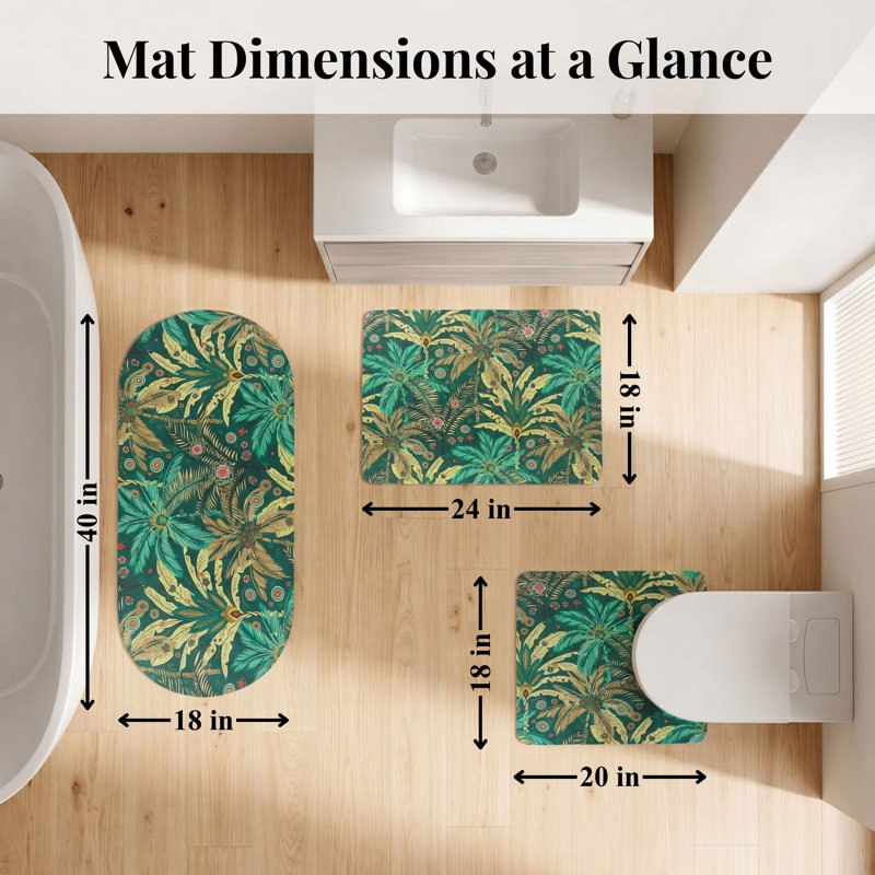 Decorative 3-Piece Bath Mat Set – Includes Standard, Runner, and Contour, Green/Yellow/Red Tropical