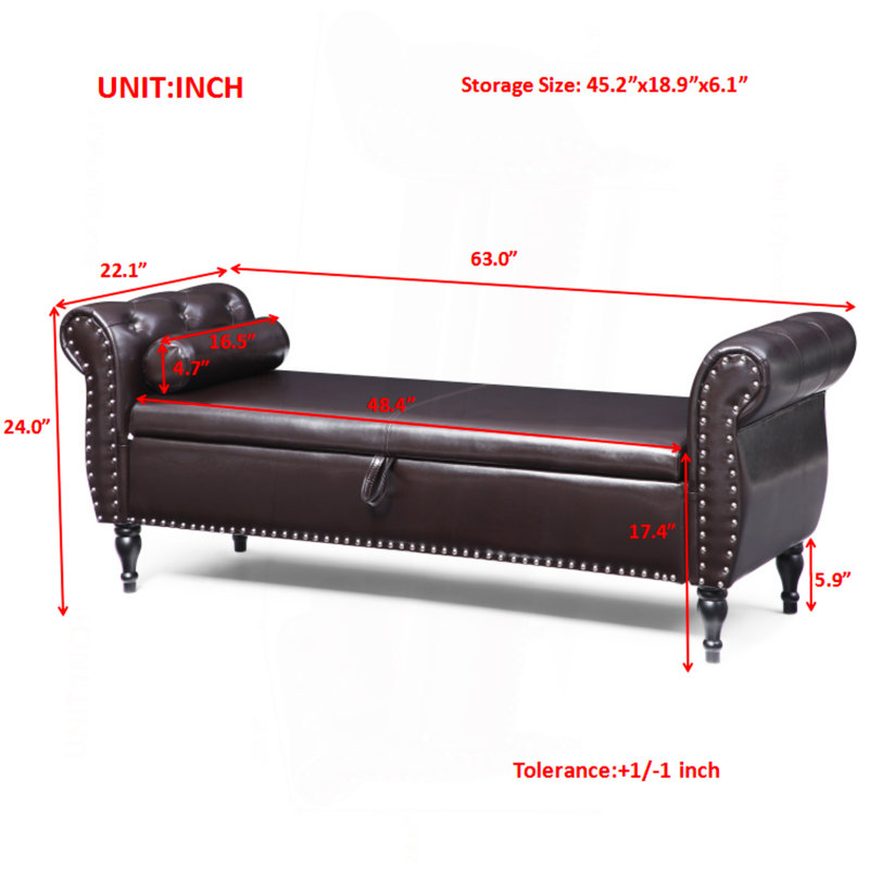63" Multifunctional Storage Rectangular Sofa Stool Buttons Tufted Nailhead Trimmed Legs With 1 Pillow, Dark Brown