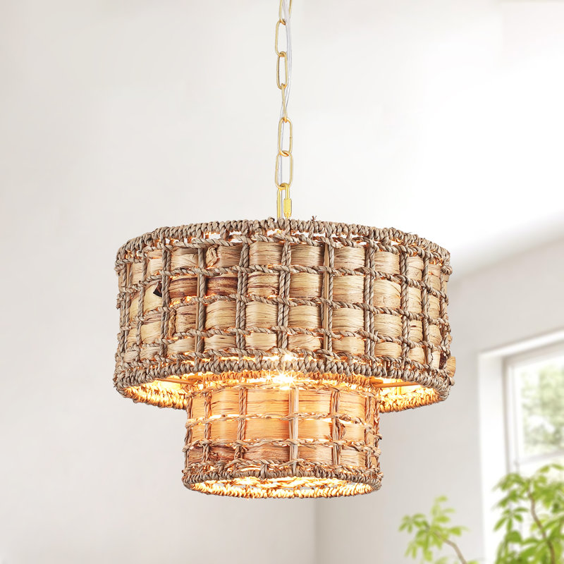  1- Light 12 inch 2-Tier Dimmable Drum Gold Chandelier Natural Rattan Bohemian Kitchen Lighting , Gold