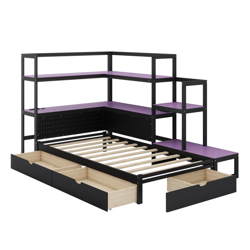 Modern Gaming Daybed with Integrated LED Lighting, Built-in Charging Station & Storage Drawers, Black+Purple