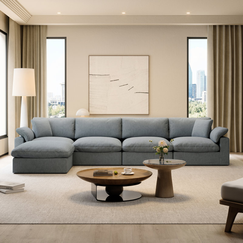 143'' Upholstered 5 Seater Cloud Sofa, Modular Sectional Sofa L-shaped Sofa with Ottoman for Living Room, Bedroom, Gray