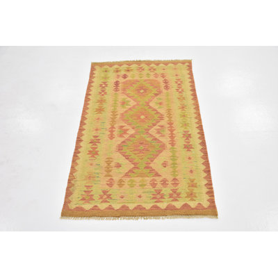 Tapis en laine orange/vert 2 pi 7 po x 4 pi 2 po one-of-kind à la main noué la new age Elland
