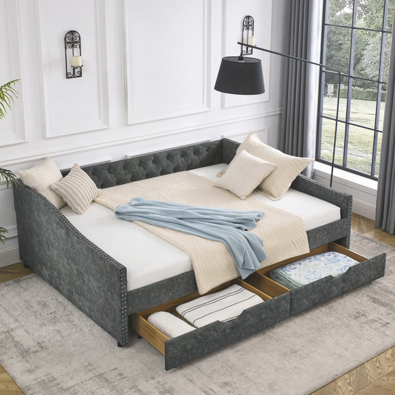 Daybed With Drawers Upholstered Tufted Sofa Bed,With Button On Back And Copper Nail On Waved Shape Arms (84.5"X63.5"X26.5")