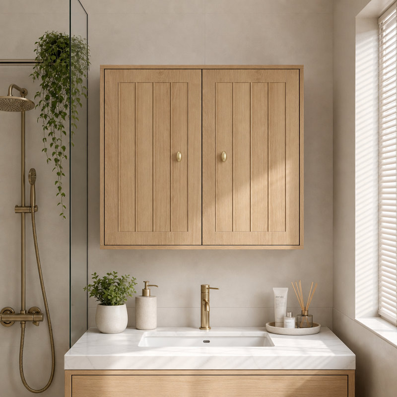 Armoire de rangement murale à 2 portes avec boutons dorés