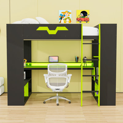 Lit mezzanine double en bois avec lumières à DEL RVB, bureau intégré et rangement
