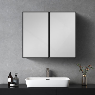 26X30 Inches Black Metal Framed Wall Mount Or Recessed Bathroom Medicine Cabinet With Mirror