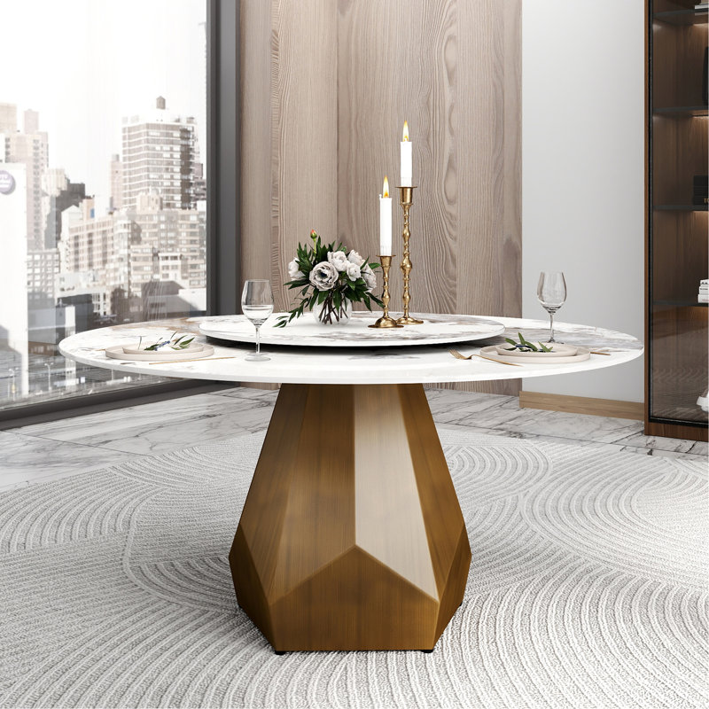 Table tournante en pierre artificielle blanche de 31,5 pouces, blanc (table de salle à manger seulement); Avec base en métal