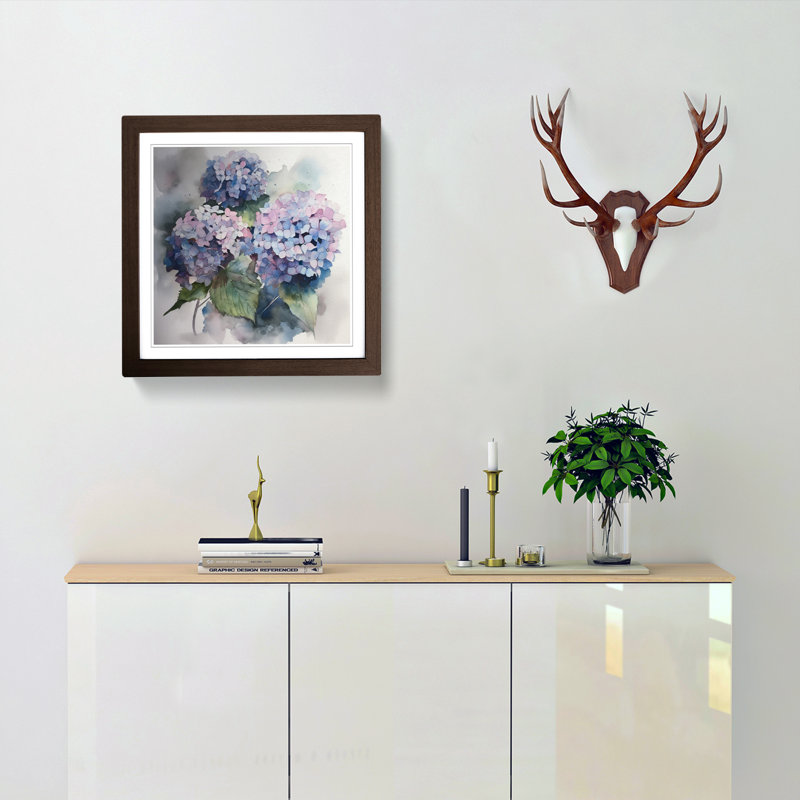 Hydrangea Watercolour No.1 - Single Picture Frame Print on Wood, Walnut