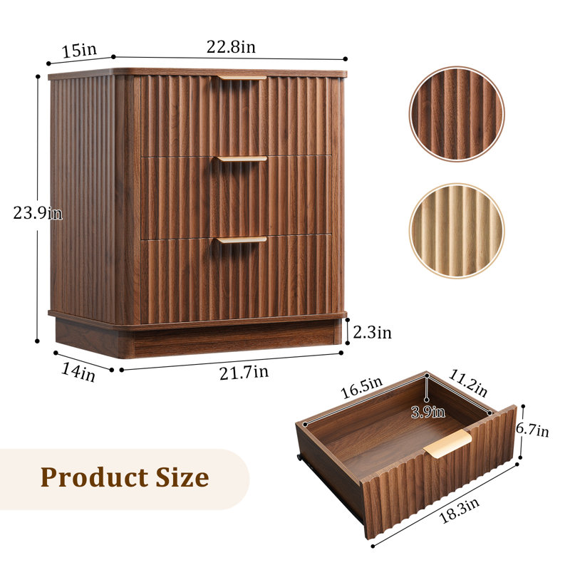 Lyra 3 Drawer Nightstand, Fluted Wood Nightstand, Bedside Table, 23.9'' H X 22.8'' W X 15'' D, Walnut, Walnut, Individual