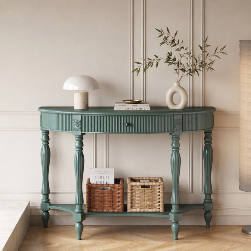 Console demi-lune avec tiroir et tablette, Antique Green