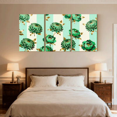 Plantes et fleurs, fleurs vertes avec feuilles dorées sur fond rayé, ensemble de 3 impressions murales sur toile