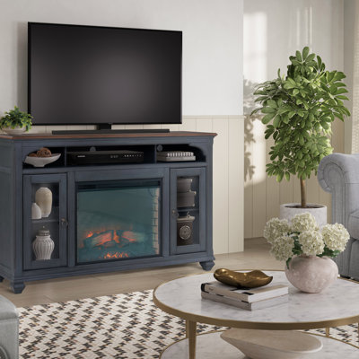 66 Inch Fireplace TV Stand With Corduroy Blue Finish, Cable Management, And Birch Veneers For Tvs Up To 80 Inches