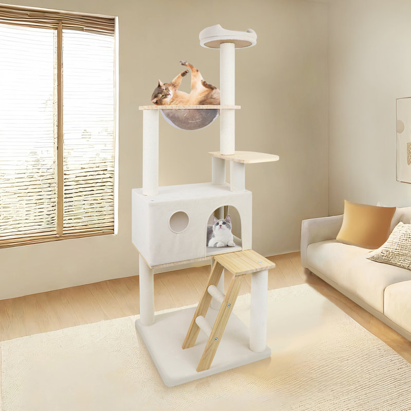 Arbre à chat en bois avec grand condo, échelle, bulle de vaisseau spatial - 165 cm