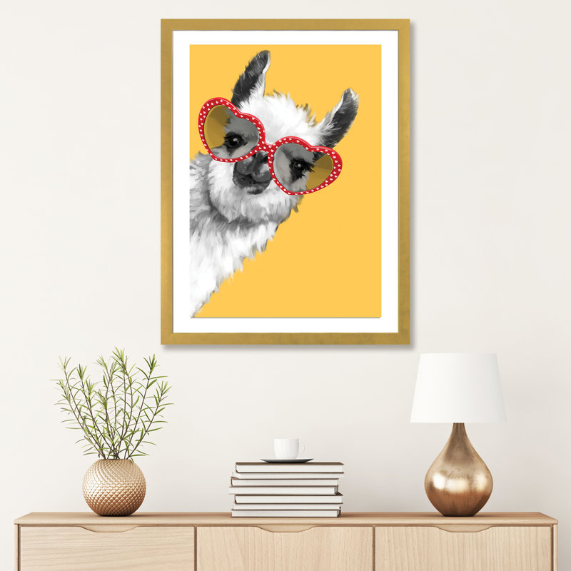 Art de llama mode avec verres à hipster, H 32 po x l 24 po x P 1 po, Papier encadré doré