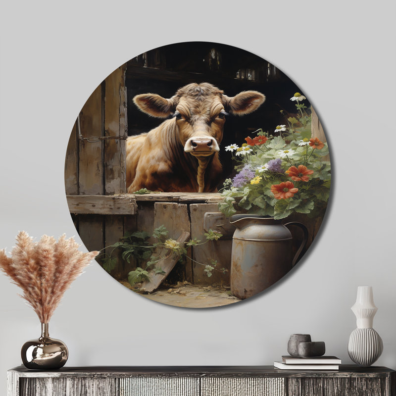 Vache, charme rustique III - animaux, art en métal rond, H 23 po x l 23 po