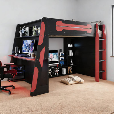 Modern Two-tone Loft Bed With Computer Desk, Rgb Lights, Entertainment Center And Storage Shelves