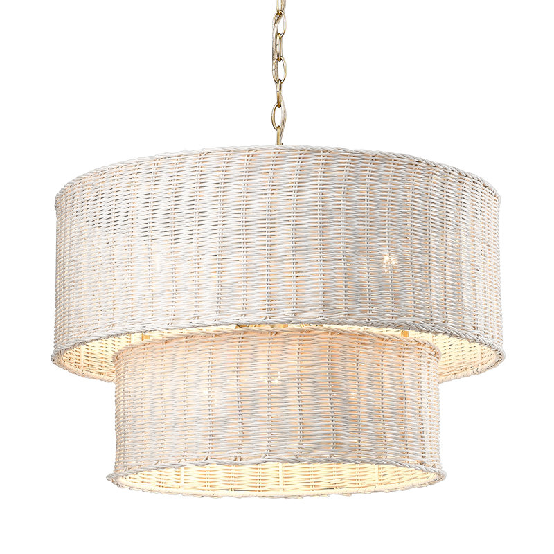 Cuthmore 6-Light Steel Dimmable Drum Chandelier, Brushed Champagne Bronze, White Wicker, 6 Lights