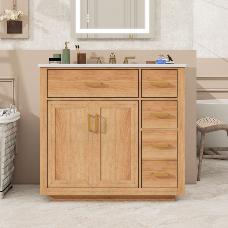 Meuble-lavabo autoportant élégant avec lavabo en céramique, tablette réglable et tiroirs à fermeture en douceur