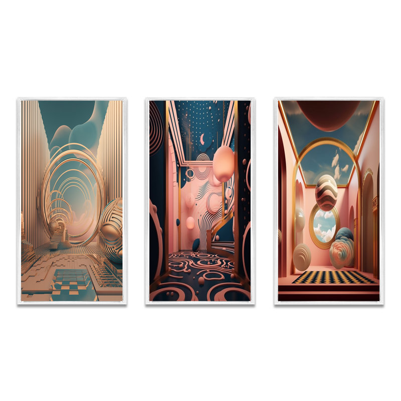 " Future Folklore Minimal Retro Architecture I " 3 - Pieces, White Floater Framed, 20" H x 36" W