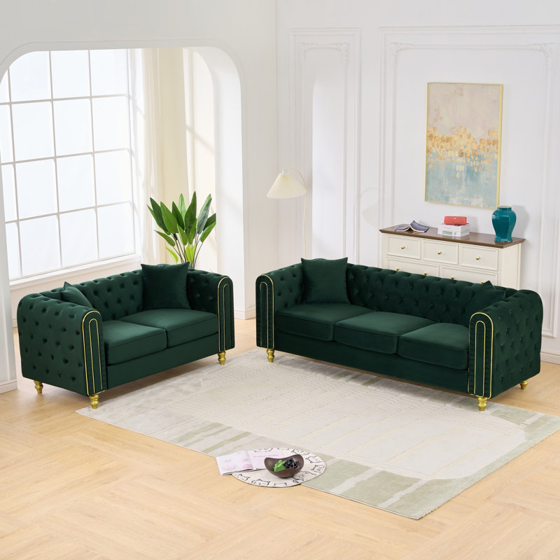 Ensemble de canapés modernes en velours vert Chesterfield 3 et 2 places pour la maison