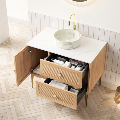 36" Bathroom Vanity Featuring High - Quality White Round Ceramic Basin And Plywood Cabinet Freestanding With Oak , 2 Drawers, 1 Door, Pre Assembled