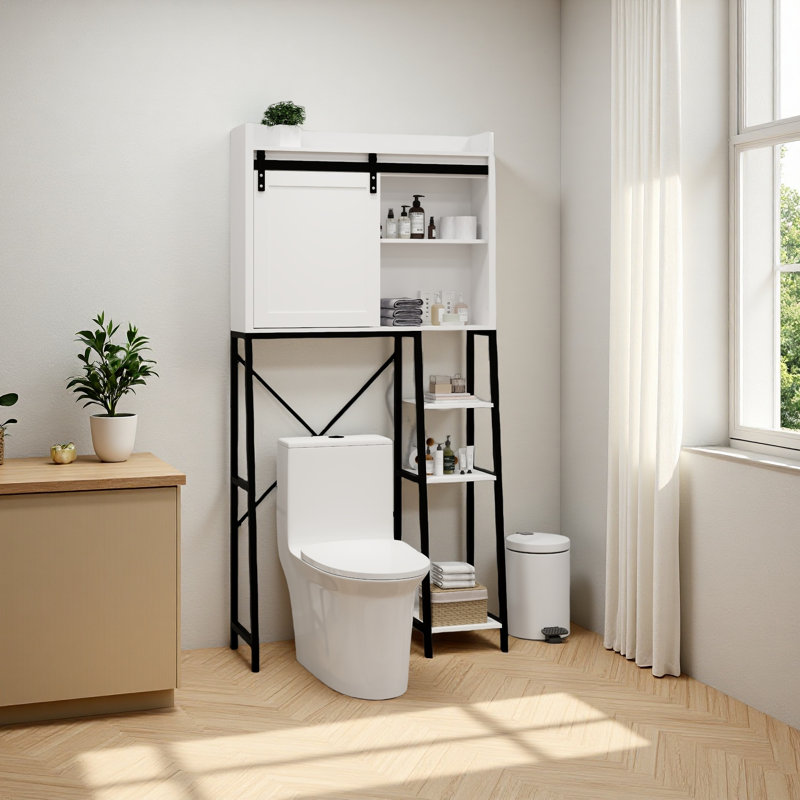 Armoire de rangement au-dessus de la toilette, tablettes de salle de bain au-dessus de la toilette avec porte de grange coulissante
