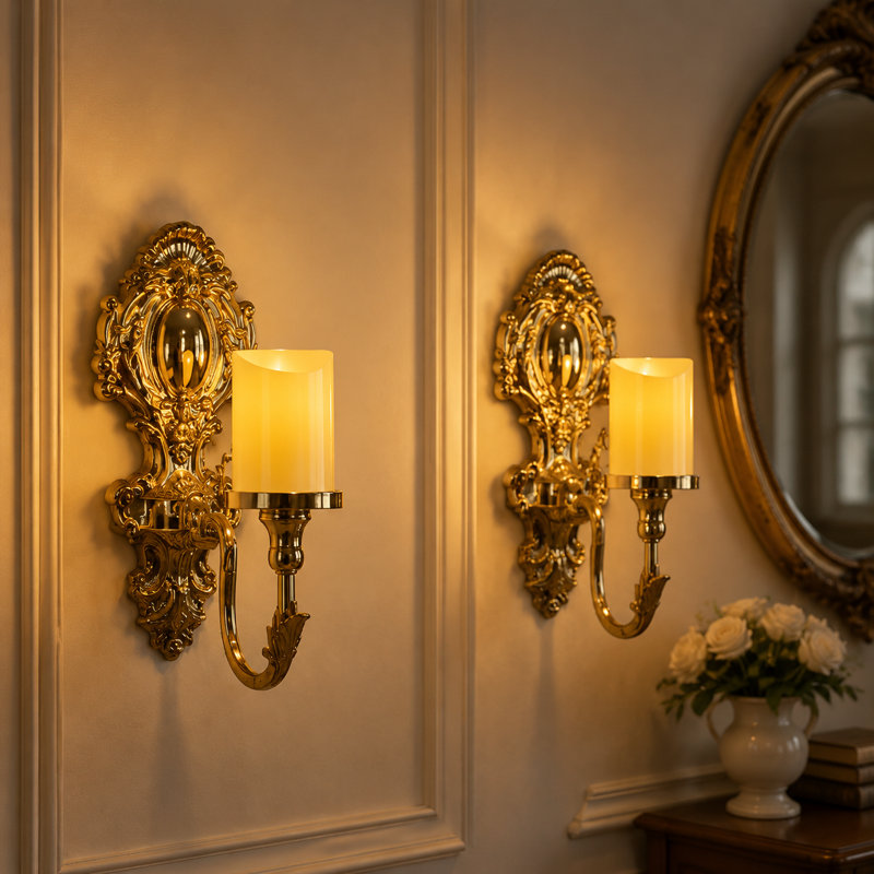 Appliques murales dorées pour chandelles coniques, paquet de 2