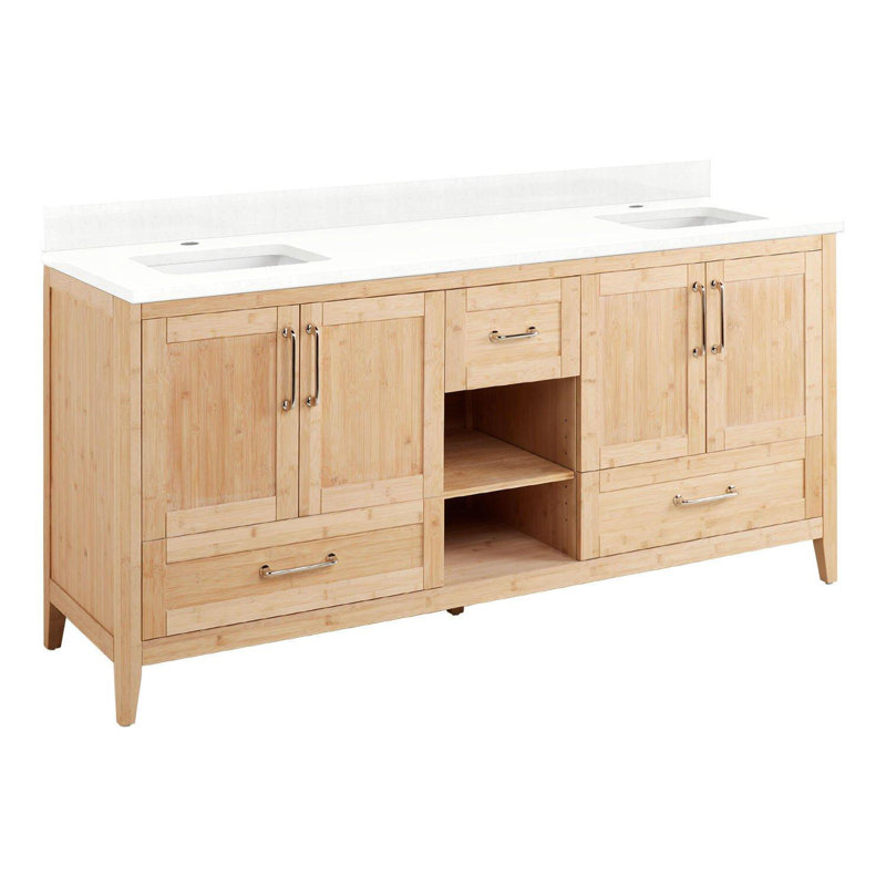 Ensemble de meuble-lavabo double 72 "avec lavabos encastrés rectangulaires Burfield, Monocentre centré, Quartz blanc plume