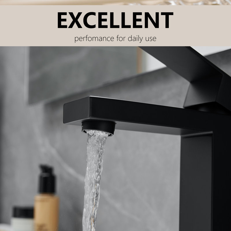 Robinet de lavabo de salle de bain noir mat, effet cascade, fixation sur le pont, un trou, poignée simple, bonde escamotable, conduites d'alimentation, conception, côté géométrique, valve à cartouche, robinet de luminaire avec style, mat